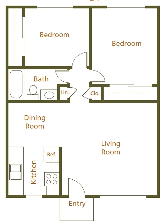 2 Beds, 1 Bath Model floor plan